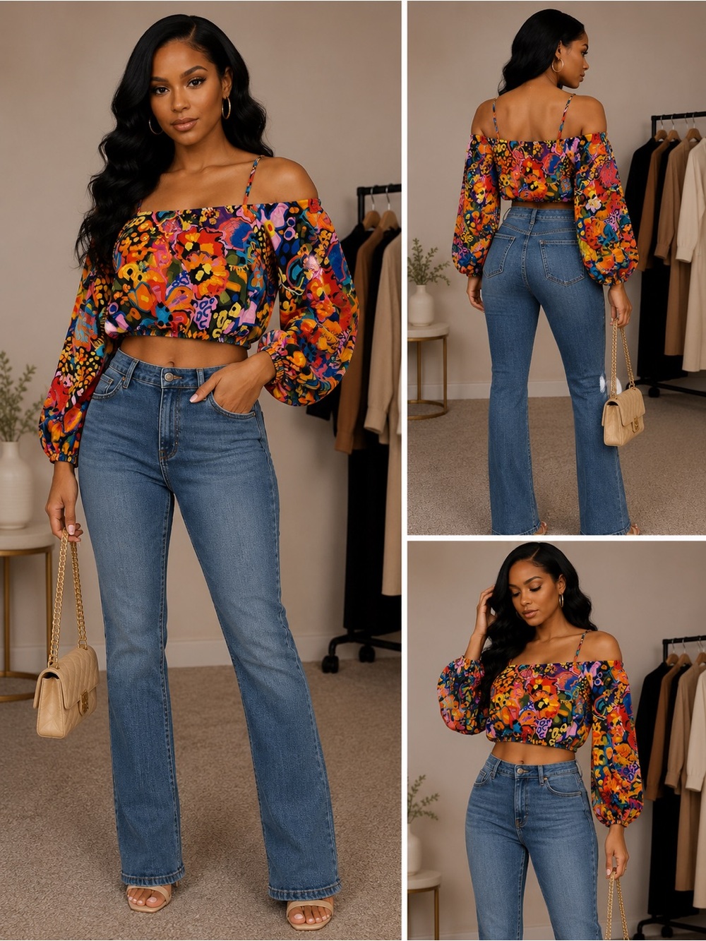 Off-Shoulder Floral Crop Top with Spaghetti Straps - Multicolor